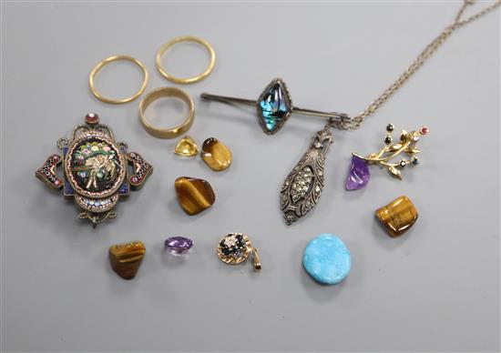 Three gold wedding bands, 9ct, 18ct and 22ct, a small group of loose stones 9ct brooch, 9ct pendant and a micro mosaic pendant etc.